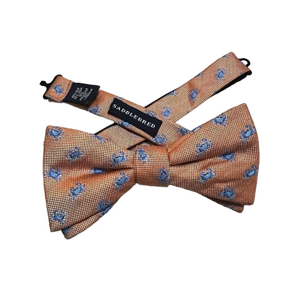 Saddlebred Silk Blend Adjustable Orange Bow Tie with Blue Crab Motif